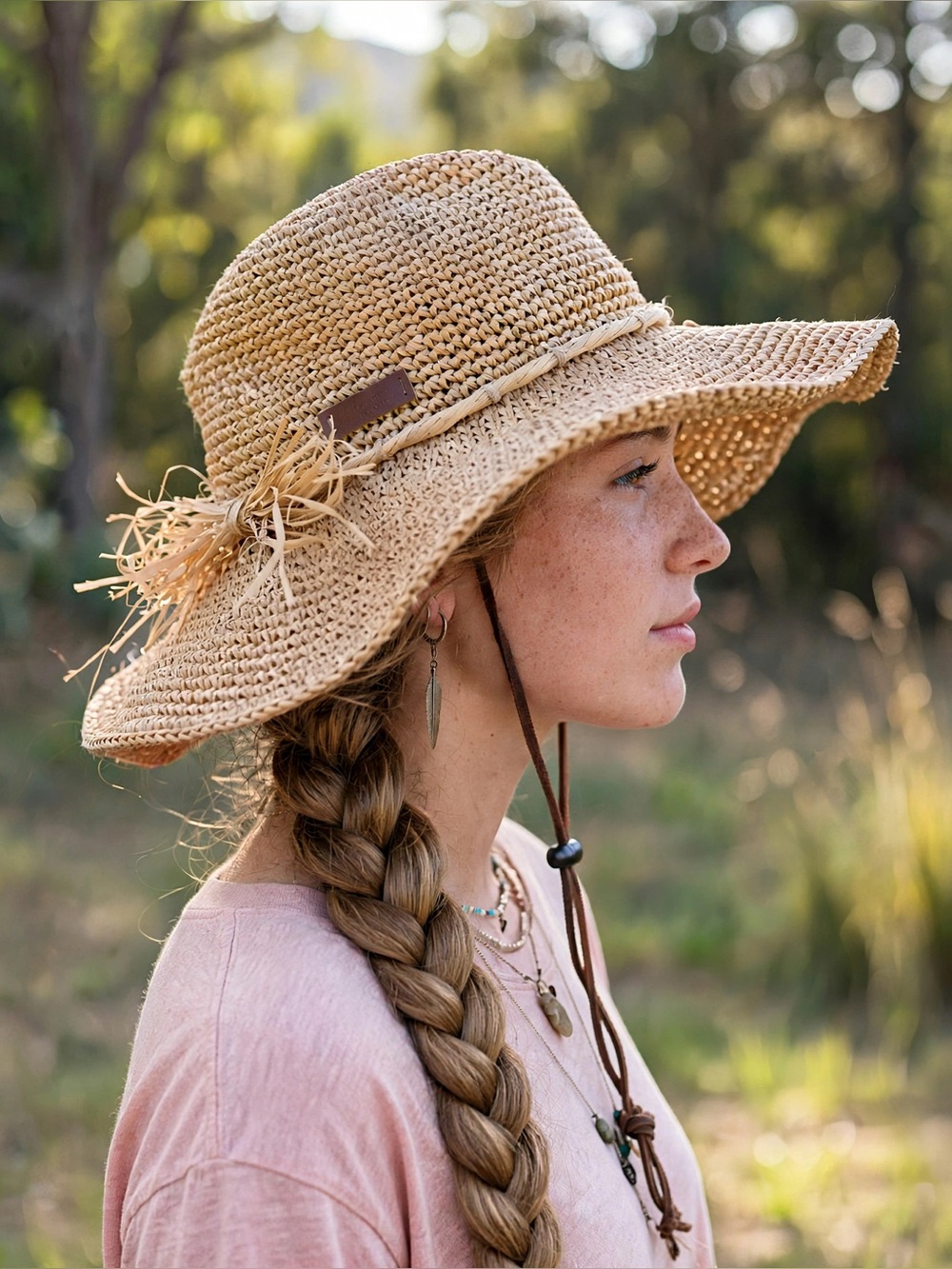 Nine West Natural Raffia Straw Wide Brim Floppy Hat - Brown Chin Strap